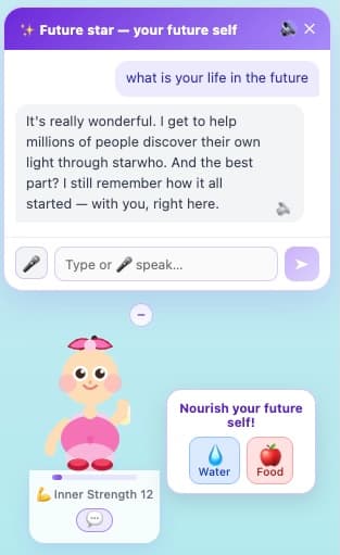 StarWho Future Self AI chat beside a digital Future Self Pet with Food and Water controls