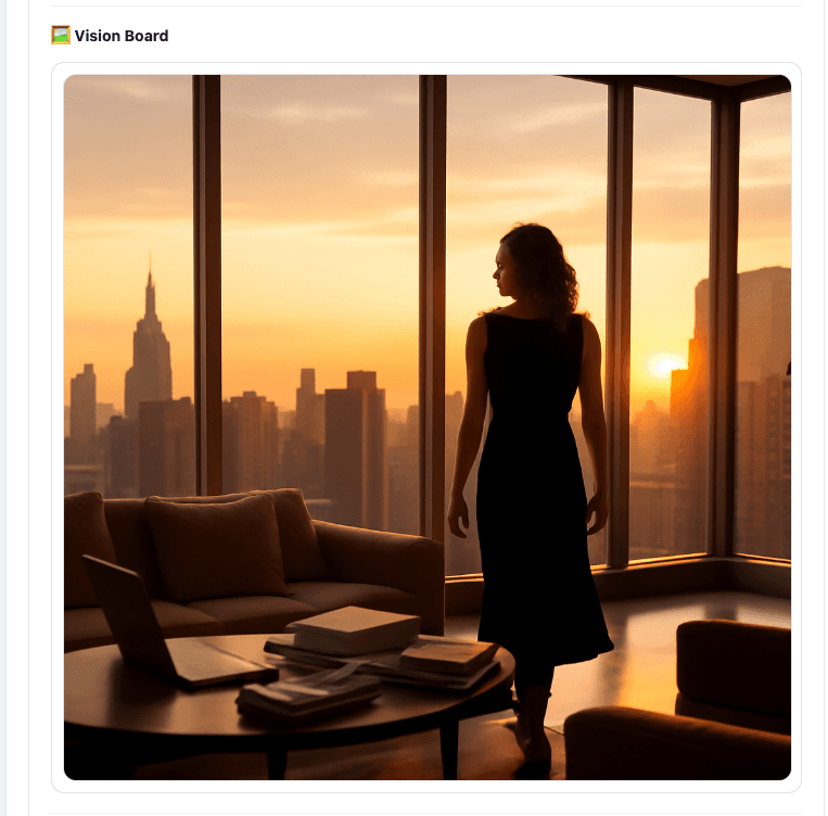 AI-generated StarWho Vision Board showing an imagined high-rise workspace at sunset