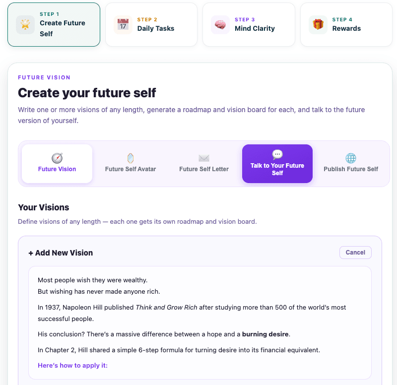 StarWho Create Your Future Self workspace with Future Vision, avatar, letter, chat, and publishing tabs
